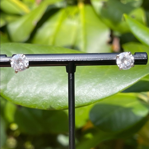 Solid 14k White Gold White (Colorless) Sapphire Round Stud Earrings - Picture 4 of 5